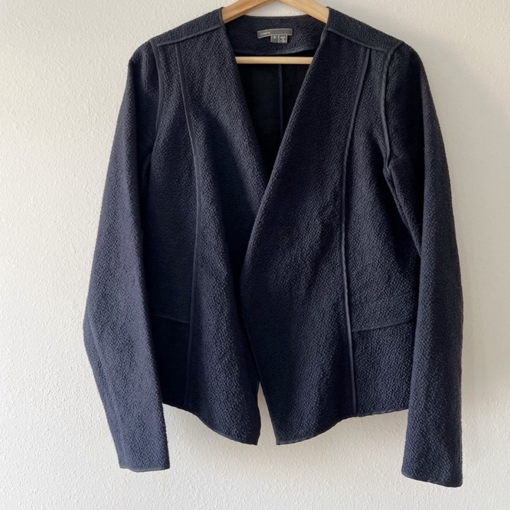 VINCE Textured Navy Waterfall Blazer with Piping and Pockets small